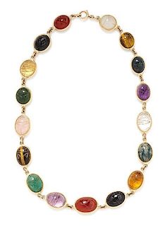 A 14 Karat Yellow Gold and Multigem Scarab Necklace, 24.80 dwts.