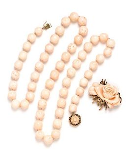 A Collection of 14 Karat Yellow Gold and Angel Skin Coral Jewelry,