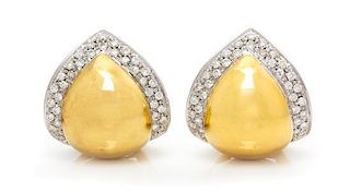A Pair of 18 Karat Bicolor Gold and Diamond Earclips, 11.80 dwts.