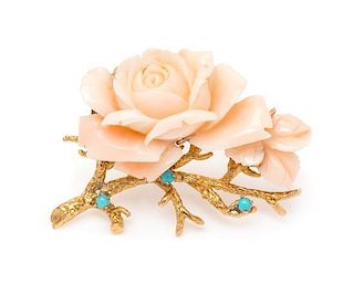 A Yellow Gold, Angel Skin Coral and Turquoise Floral Motif Brooch, 15.90 dwts.