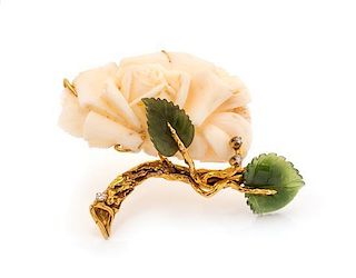A 14 Karat Yellow Gold, Coral, Nephrite and Diamond Floral Motif Brooch, 30.10 dwts.