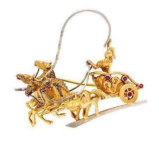 * An 18 Karat Bicolor Gold and Ruby Chariot Motif Brooch, Italian, 9.20 dwts.