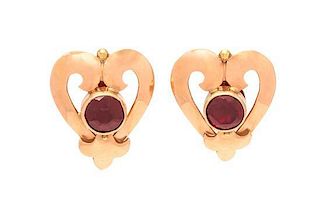 A Pair of Retro Rose Gold and Garnet Heart Motif Earrings, 2.60 dwts.