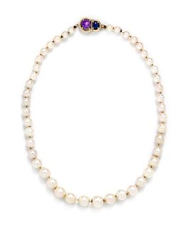 A Yellow Gold, Graduated Cultured Pearl, Sapphire and Purple Star Sapphire Necklace,