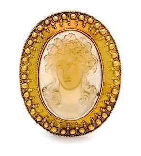 An Etruscan Revival Yellow Gold and Carved Citrine Cameo Pendant/Brooch, Circa 1875, 16.60 dwts.