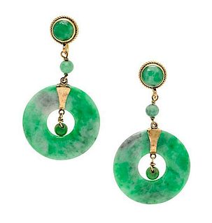 A Pair of Yellow Gold and Jade Ear Pendants, 5.90 dwts.