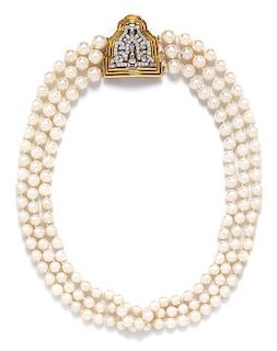An 18 Karat Yellow Gold, Platinum, Diamond and Graduated Triple Strand Cultured Pearl Necklace, 102.00 dwts.
