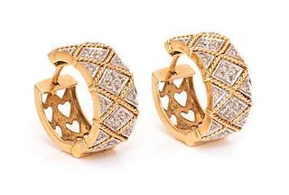A Pair of 14 Karat Bicolor Gold and Diamond Hoop Earrings, 5.90 dwts.