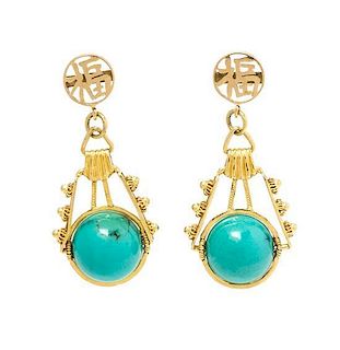 A Pair of 14 Karat Yellow Gold and Turquoise Earrings, 6.20 dwts.