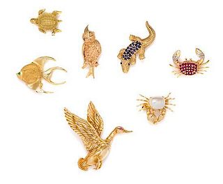* A Collection of Yellow Gold and Multigem Animal Motif Brooches, 29.90 dwts.