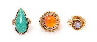 A Collection of 14 Karat Yellow Gold and Gemstone Rings, 16.30 dwts.
