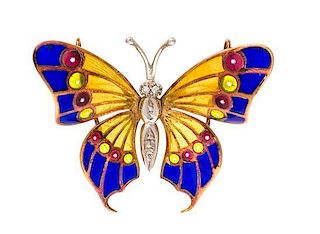 An 18 Karat Bicolor Gold, Plique-a-Jour Enamel and Diamond Butterfly Pendant/Brooch, 9.40 dwts.