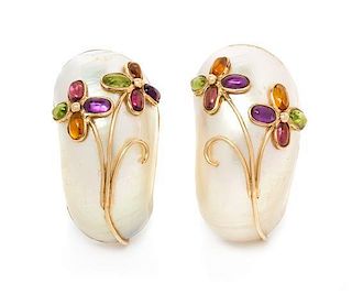 A Pair of 14 Karat Yellow Gold, Shell and Multigem Earclips, MAZ 15.40 dwts.
