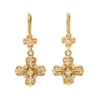A Pair of 18 Karat Yellow Gold and Diamond Cross Motif Dangle Earrings, Judith Ripka, 3.30 dwts.