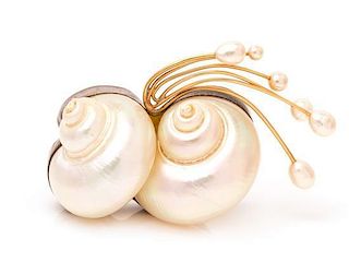 A Sterling Silver, 14 Karat Yellow Gold, Shell and Cultured Pearl Brooch, Betsy Fuller, 13.60 dwts.
