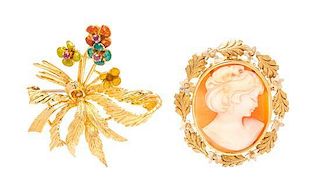 A Pair of 18 Karat Gold and Gemstone Brooches, 12.80 dwts.