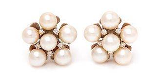 A Pair of 14 Karat White Gold, Cultured Pearl and Diamond Earrings, 6.20 dwts.