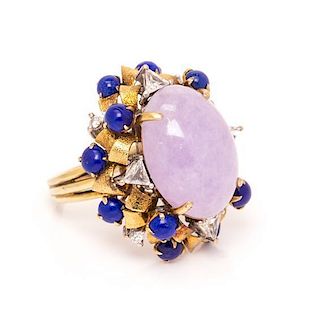 A Bicolor Gold, Lavender Jade, Lapis Lazuli and Diamond Ring, 10.40 dwts.