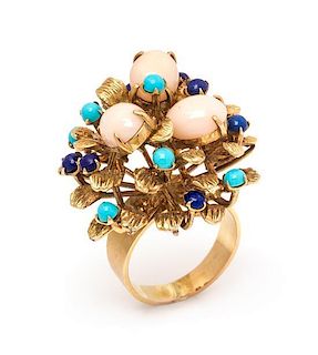A 14 Karat Yellow Gold, Coral, Turquoise, and Lapis Lazuli Ring, 9.80 dwts.