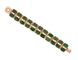 A Retro 14 Karat Rose Gold, Jade and Cultured Pearl Link Bracelet, 26.60 dwts.
