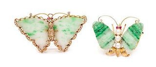 A Collection of 14 Karat Yellow Gold, Jade and Gemstone Butterfly Brooches, 22.20 dwts.