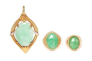 A Collection of 14 Karat Yellow Gold and Jade Jewelry, 37.20 dwts.