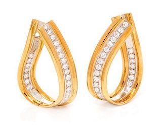 A Pair of 18 Karat Bicolor Gold and Diamond Hoop Earrings, Italian, 12.90 dwts.