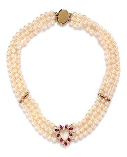 A 14 Karat Yellow Gold, Diamond, Ruby and Cultured Pearl Multistrand Necklace, 37.90 dwts.