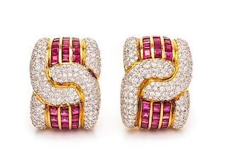 A Pair of 18 Karat Yellow Gold, Ruby and Diamond Earclips, Larry, 18.50 dwts.
