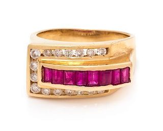 A 14 Karat Yellow Gold, Ruby and Diamond Ring, 6.30 dwts.