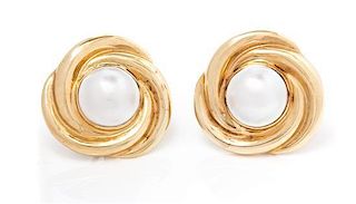 * A Pair of 14 Karat Yellow Gold and Cultured Mabe Pearl Earclips, 11.45 dwts.