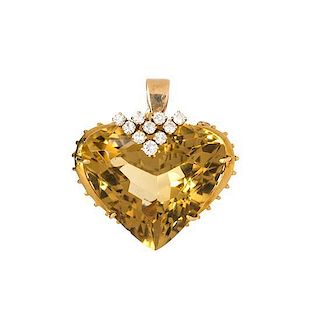 A Yellow Gold, Citrine and Diamond Pendant, 13.10 dwts.