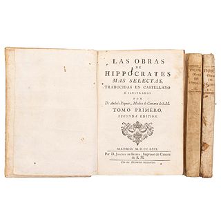 Piqué, Andrés. Las Obras de Hippocrates Mas Selectas. Madrid: Joachin de Ibarra, 1761, 1769 y 1770. Tomos I - III. Piezas: 3.