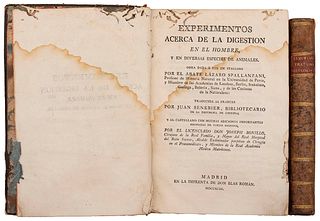Ruiz, Ignacio/ Spallanzani, Lázaro. Tratado sobre el Cólico de Madrid / Experimentos acerca de la Digestión. Madrid, 1797/1793. Pzas: 2
