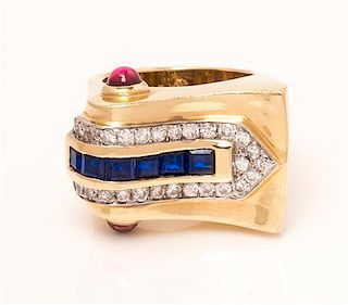 A 14 Karat Yellow Gold, Sapphire, Diamond and Garnet Ring, 12.90 dwts.