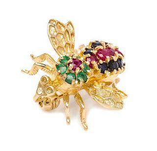 * A 14 Karat Yellow Gold, Sapphire, Emerald and Ruby Bee Brooch 2.00 dwts.