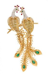 A 14 Karat Bicolor Gold, Emerald, Ruby and Diamond Peacock Motif Brooch, 19.70 dwts.