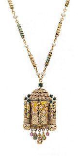 A Yellow Gold, Polychrome Enamel, Diamond, Cultured Pearl and Multigem Torah Necklace, 43.10 dwts.