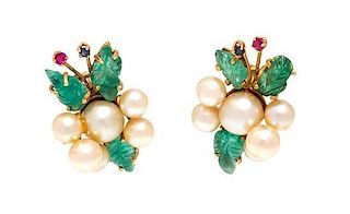 A Pair of Yellow Gold, Cultured Pearl, Emerald, Sapphire, and Ruby Earclips, 7.10 dwts.