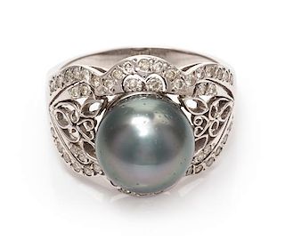 An 18 Karat White Gold, Cultured Tahitian Pearl and Diamond Ring, 6.30 dwts.