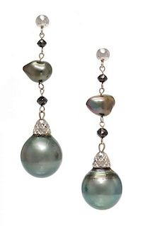 A Pair of White Gold, Cultured Tahitian Pearl and Black Diamond Pendant Earrings, 4.00 dwts.