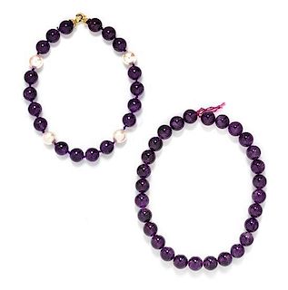 A 14 Karat Yellow Gold, Amethyst and Faux Pearl Bead Necklace, 129.70 dwts.