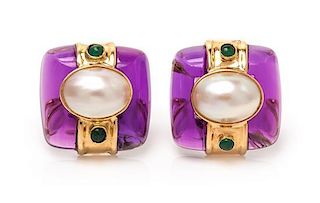 A Pair of 14 Karat Yellow Gold, Amethyst, Mabe Pearl, and Emerald Earclips, 15.10 dwts.