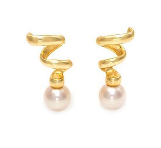 A Pair of 18 Karat Yellow Gold and Cultured Pearl "Corkscrew" Earclips, Tiffany & Co., 6.20 dwts.