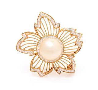 An 18 Karat Bicolor Gold, Cultured South Sea Pearl and Diamond Floral Motif Brooch, 9.50 dwts.
