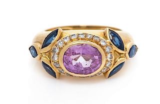 * An 18 Karat Yellow Gold, Pink Sapphire, Sapphire and Diamond Ring, Poiray, France, 6.40 dwts.