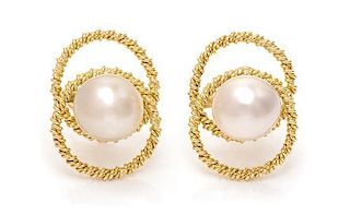 A Pair of 14 Karat Yellow Gold and Cultured Pearl Earclips, 14.60 dwts.