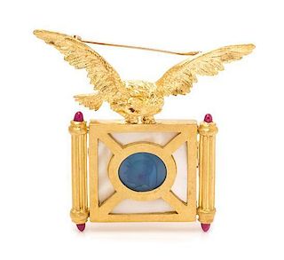 An 18 Karat Yellow Gold, Mother-of-Pearl, Glass and Ruby Pendant/Brooch, 28.80 dwts.