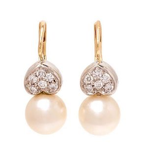 A Pair of 14 Karat Yellow Gold, Cultured Pearl and Diamond Drop Earrings, 6.00 dwts.