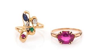 A Collection of Yellow Gold and Gemstone Rings, 2.40 dwts.